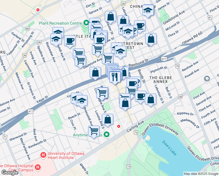 map of restaurants, bars, coffee shops, grocery stores, and more near 30 Young Street East in Ottawa