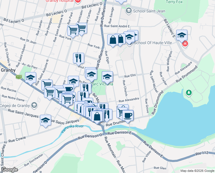 map of restaurants, bars, coffee shops, grocery stores, and more near 79 Rue Lorne in Granby