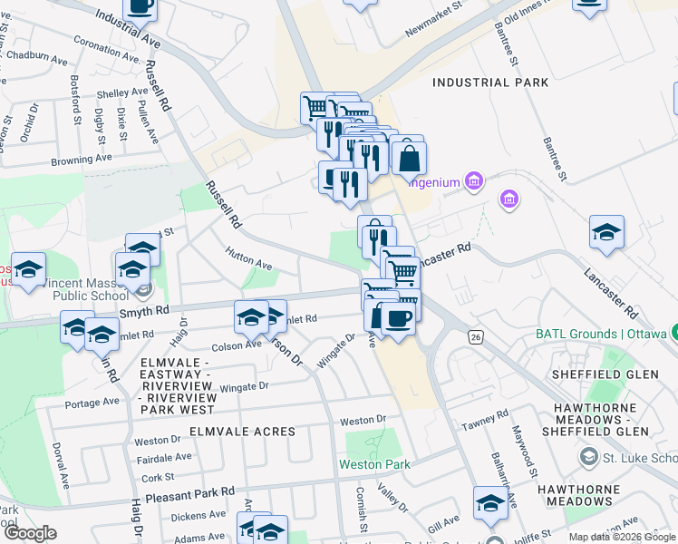map of restaurants, bars, coffee shops, grocery stores, and more near 1909 Russell Road in Ottawa