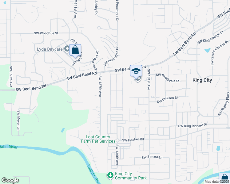 map of restaurants, bars, coffee shops, grocery stores, and more near 13620 Southwest Beef Bend Road in King City