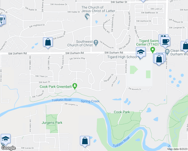 map of restaurants, bars, coffee shops, grocery stores, and more near 16360 Southwest Woodcrest Avenue in Tigard