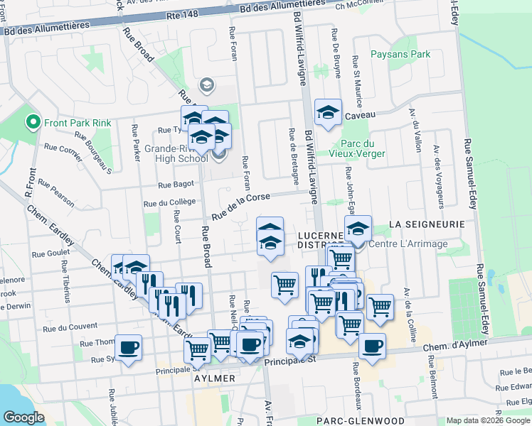 map of restaurants, bars, coffee shops, grocery stores, and more near 70 Impasse de la Pommeraie in Gatineau
