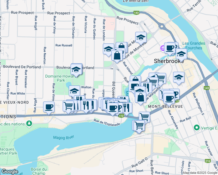 map of restaurants, bars, coffee shops, grocery stores, and more near 936 Rue Stanley in Sherbrooke