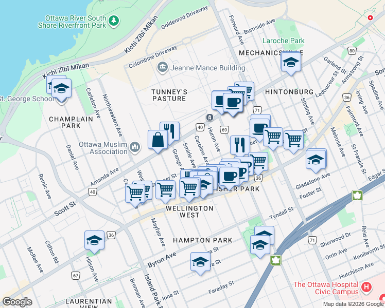 map of restaurants, bars, coffee shops, grocery stores, and more near 51 Smirle Avenue in Ottawa