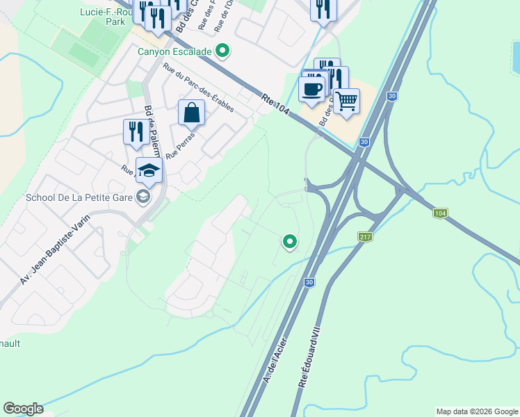 map of restaurants, bars, coffee shops, grocery stores, and more near 120 Avenue de la Belle-Dame in La Prairie