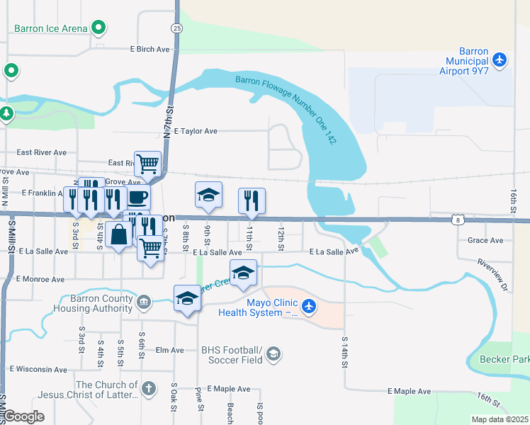 map of restaurants, bars, coffee shops, grocery stores, and more near 1157 East Division Avenue in Barron