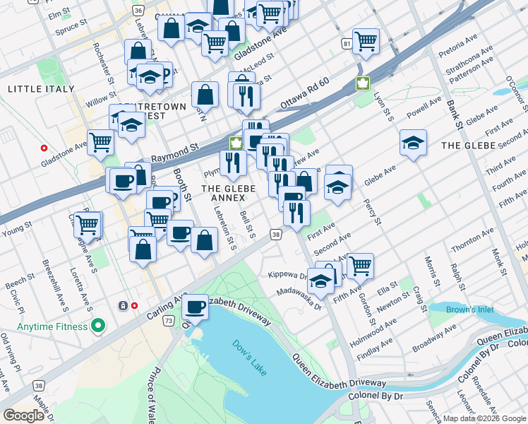 map of restaurants, bars, coffee shops, grocery stores, and more near Cambridge Street South in Ottawa