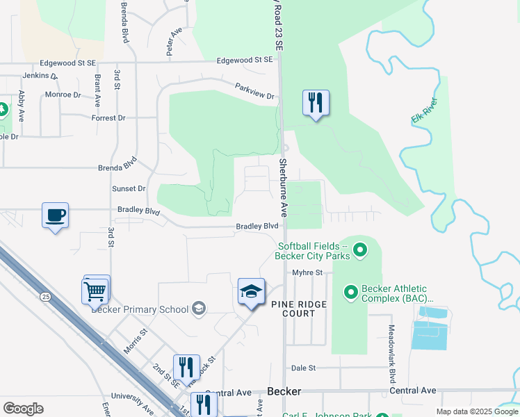 map of restaurants, bars, coffee shops, grocery stores, and more near 11500 Sherburne Avenue in Becker