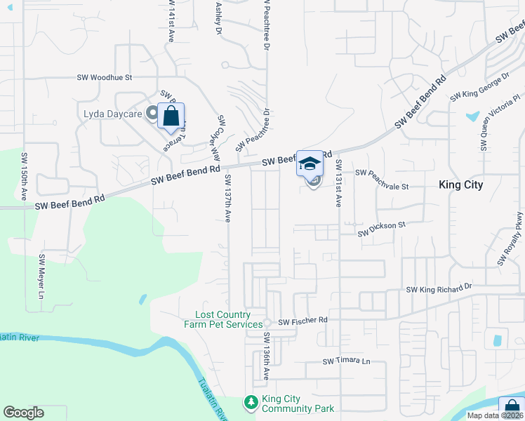 map of restaurants, bars, coffee shops, grocery stores, and more near 13620 Southwest Beef Bend Road in King City