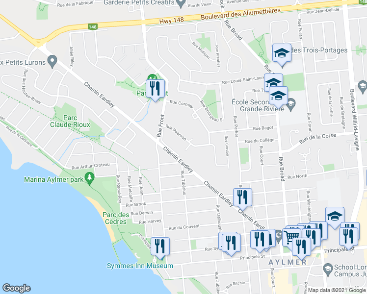 map of restaurants, bars, coffee shops, grocery stores, and more near 85 Rue Pearson in Gatineau