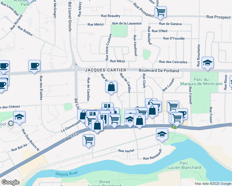 map of restaurants, bars, coffee shops, grocery stores, and more near 225 Rue Précourt in Sherbrooke