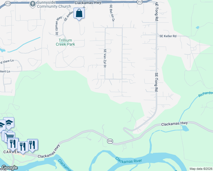 map of restaurants, bars, coffee shops, grocery stores, and more near 16700 Southeast Van Zyl Drive in Damascus