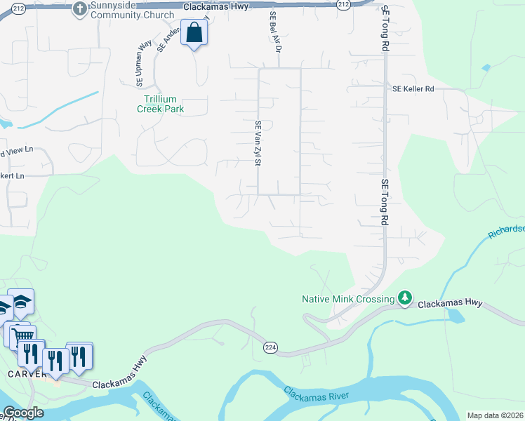 map of restaurants, bars, coffee shops, grocery stores, and more near 16700 Southeast Van Zyl Drive in Damascus