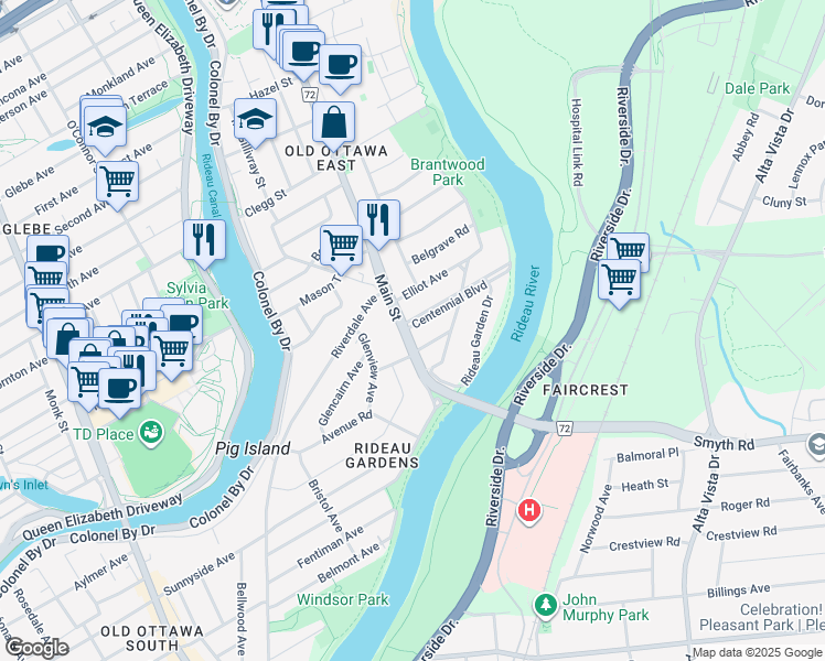 map of restaurants, bars, coffee shops, grocery stores, and more near in Ottawa