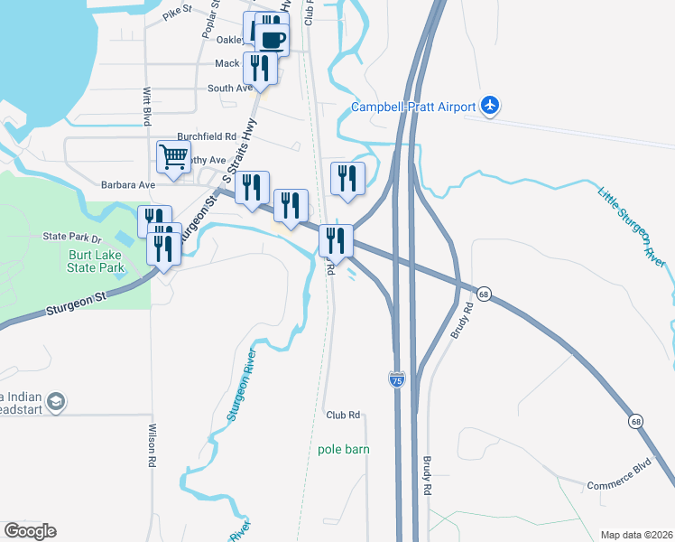 map of restaurants, bars, coffee shops, grocery stores, and more near 4064-4190 Club Road in Tuscarora Township