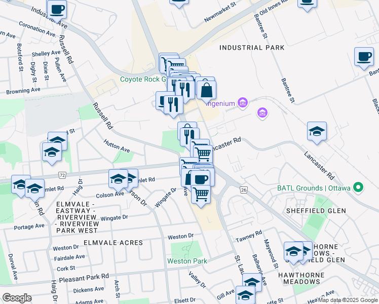 map of restaurants, bars, coffee shops, grocery stores, and more near 1929 Russell Road in Ottawa