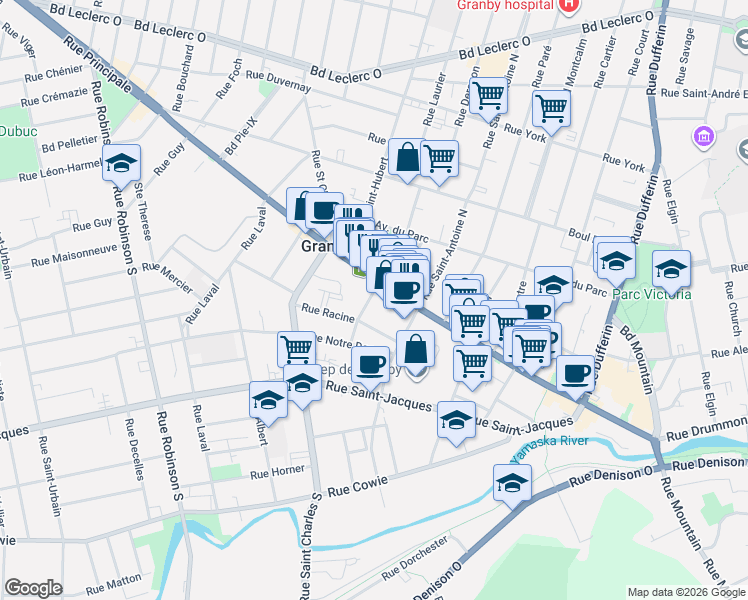 map of restaurants, bars, coffee shops, grocery stores, and more near 2 Rue Brébeuf in Granby