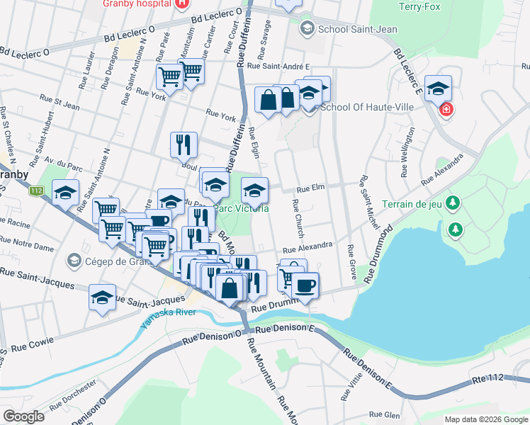 map of restaurants, bars, coffee shops, grocery stores, and more near 74 Rue Elgin in Granby