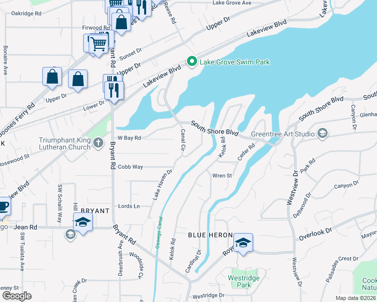 map of restaurants, bars, coffee shops, grocery stores, and more near 17274 Canal Circle in Lake Oswego