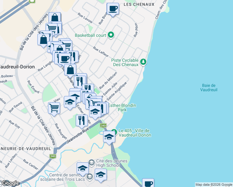 map of restaurants, bars, coffee shops, grocery stores, and more near 29 Rue Sainte-Angélique in Vaudreuil-Dorion