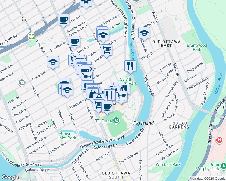map of restaurants, bars, coffee shops, grocery stores, and more near 30 Adelaide Street in Ottawa