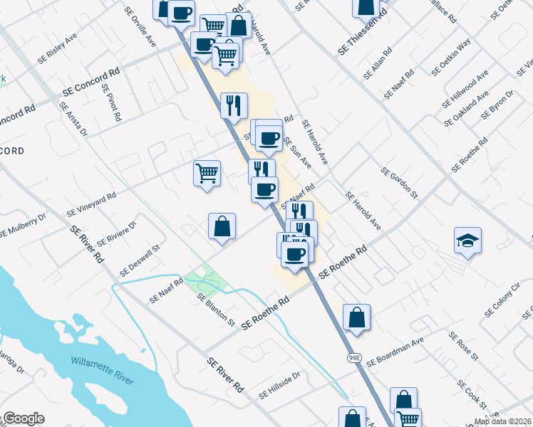 map of restaurants, bars, coffee shops, grocery stores, and more near 16691 SE McLoughlin Blvd in Milwaukie