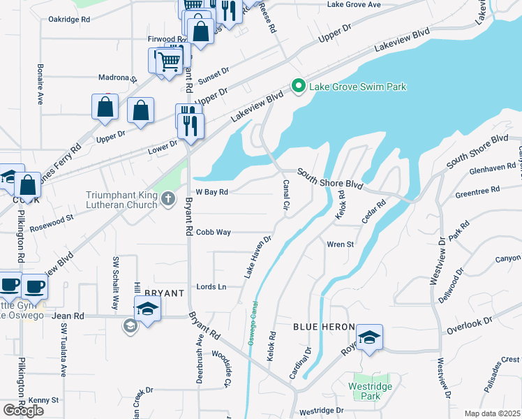 map of restaurants, bars, coffee shops, grocery stores, and more near 4050 Virginia Way in Lake Oswego