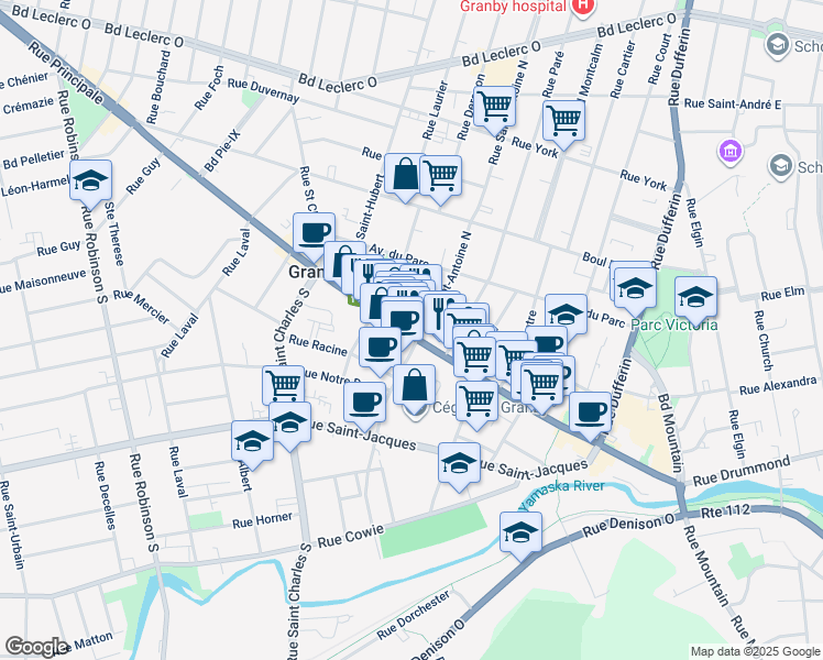 map of restaurants, bars, coffee shops, grocery stores, and more near 311 Rue Principale in Granby