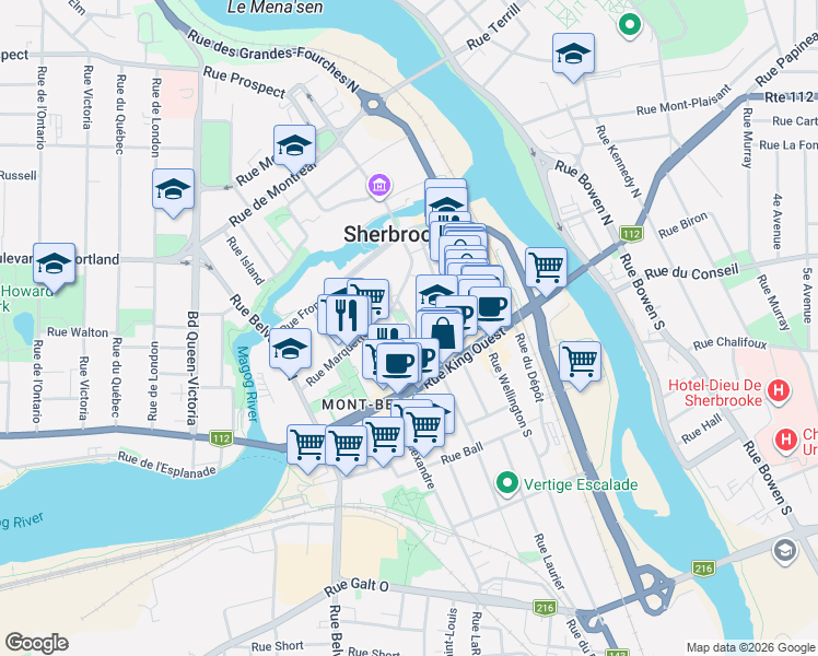 map of restaurants, bars, coffee shops, grocery stores, and more near 121 Rue de la Cathédrale in Sherbrooke