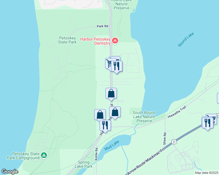 map of restaurants, bars, coffee shops, grocery stores, and more near 2221 Michigan 119 in Petoskey