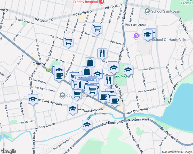 map of restaurants, bars, coffee shops, grocery stores, and more near 76 Rue Court in Granby