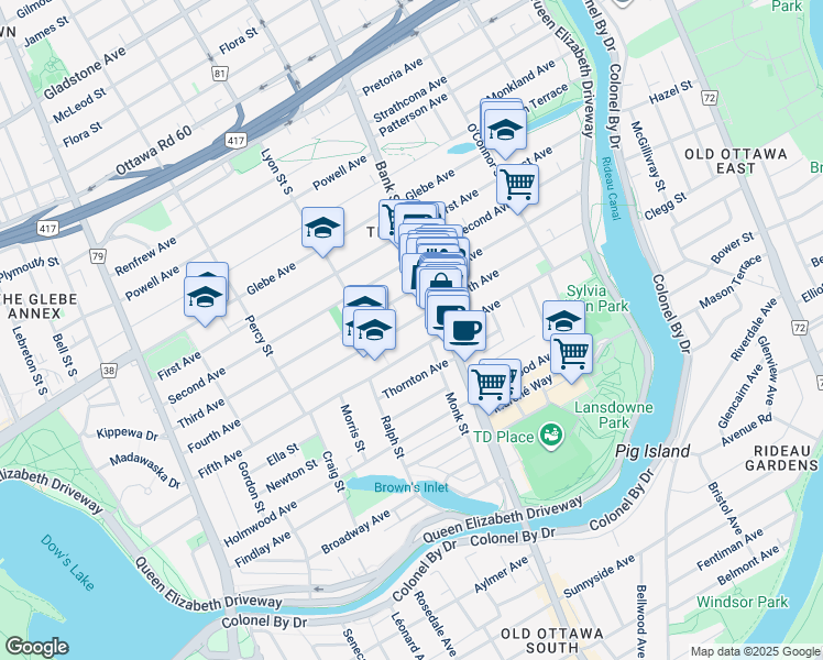 map of restaurants, bars, coffee shops, grocery stores, and more near 108 Fourth Avenue in Ottawa