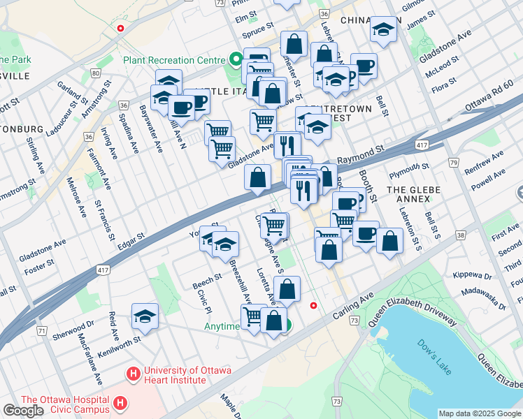 map of restaurants, bars, coffee shops, grocery stores, and more near 46 Young Street in Ottawa
