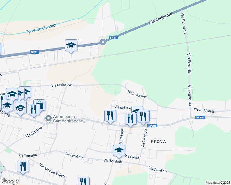 map of restaurants, bars, coffee shops, grocery stores, and more near 75/B Via Praissola in San Bonifacio