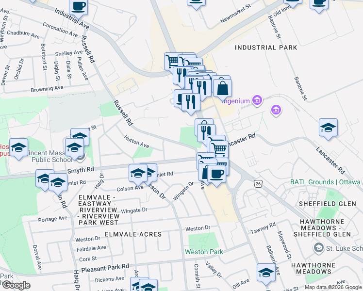 map of restaurants, bars, coffee shops, grocery stores, and more near 1909 Russell Road in Ottawa