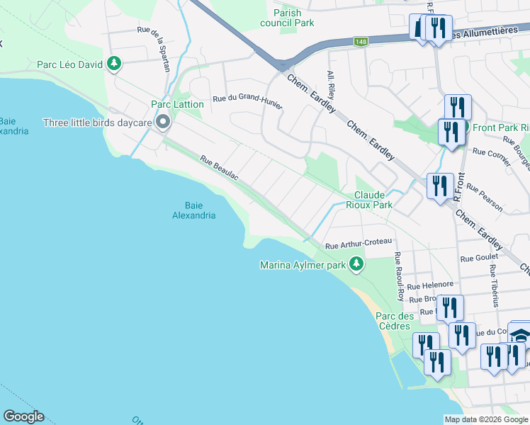 map of restaurants, bars, coffee shops, grocery stores, and more near 72 Rue de la Cédrière in Gatineau