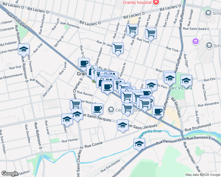 map of restaurants, bars, coffee shops, grocery stores, and more near 311 Rue Principale in Granby