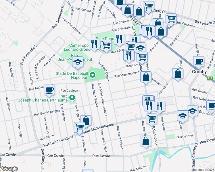 map of restaurants, bars, coffee shops, grocery stores, and more near 60 Rue Saint-Urbain in Granby