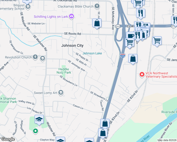 map of restaurants, bars, coffee shops, grocery stores, and more near 8313 Southeast Jennings Avenue in Milwaukie