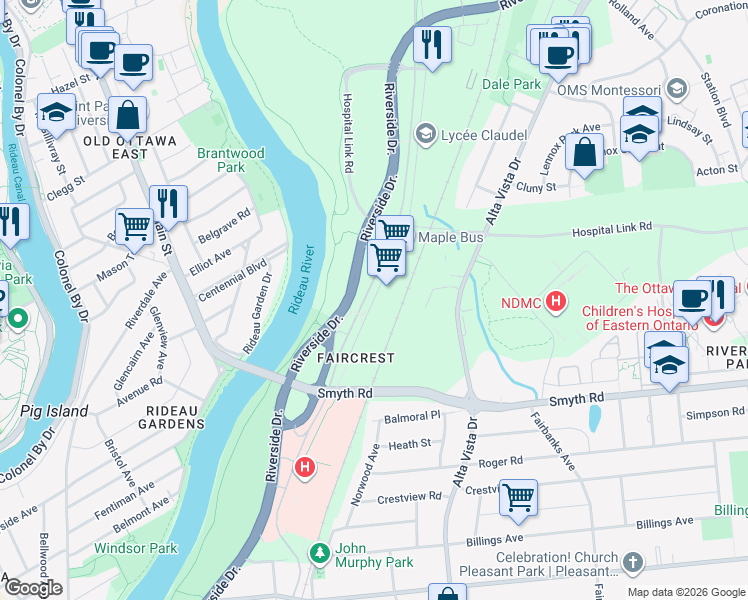 map of restaurants, bars, coffee shops, grocery stores, and more near Frobisher Lane in Ottawa