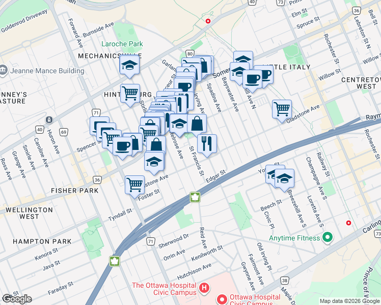 map of restaurants, bars, coffee shops, grocery stores, and more near 24 Saint Francis Street in Ottawa