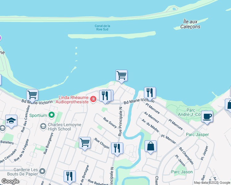 map of restaurants, bars, coffee shops, grocery stores, and more near Rue Lamarche in Delson