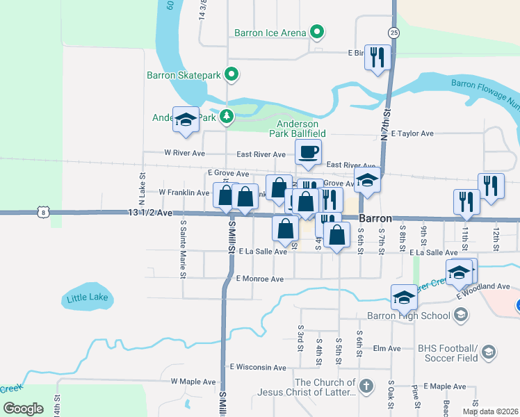 map of restaurants, bars, coffee shops, grocery stores, and more near 25 North 2nd Street in Barron