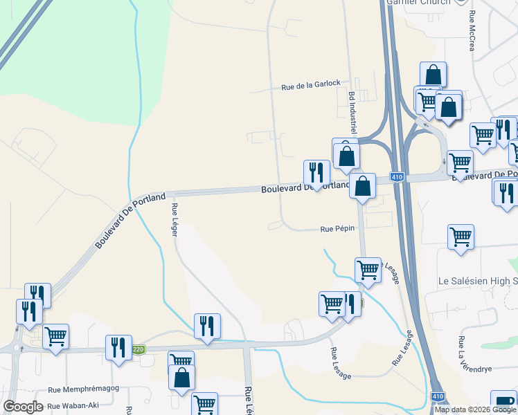map of restaurants, bars, coffee shops, grocery stores, and more near 4150 Boulevard de Portland in Sherbrooke
