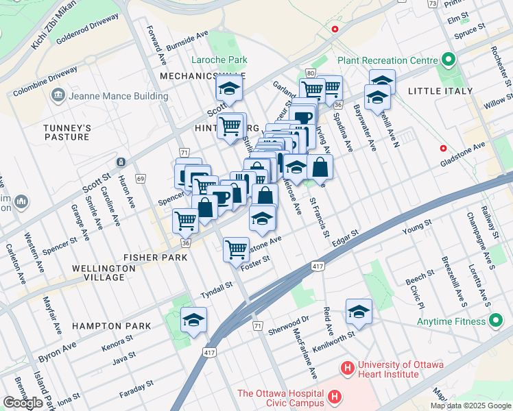 map of restaurants, bars, coffee shops, grocery stores, and more near in Ottawa