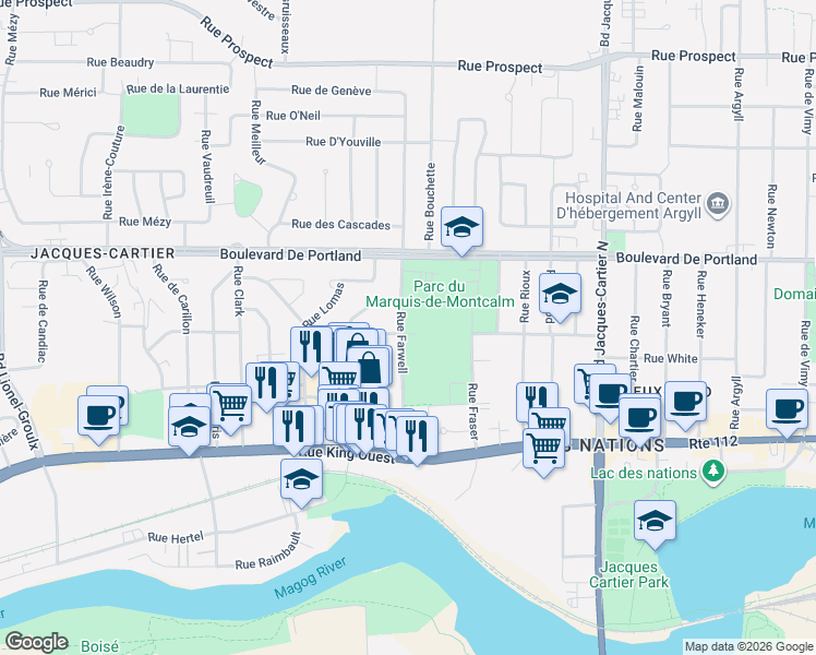 map of restaurants, bars, coffee shops, grocery stores, and more near 210 Rue Farwell in Sherbrooke