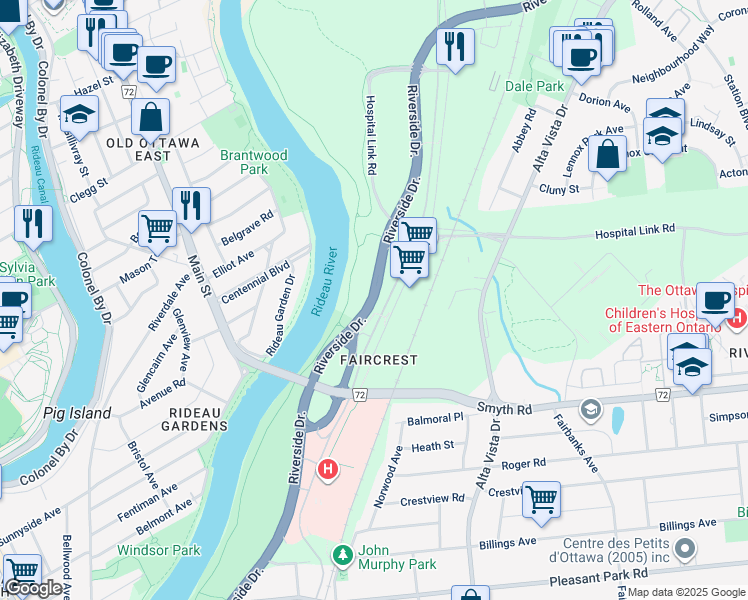 map of restaurants, bars, coffee shops, grocery stores, and more near 1801 Riverside Drive in Ottawa