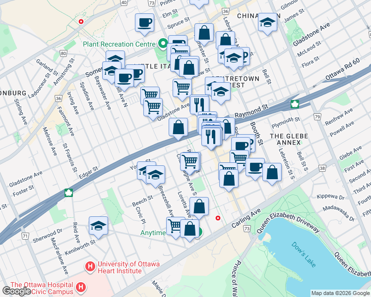 map of restaurants, bars, coffee shops, grocery stores, and more near 40 Young Street in Ottawa
