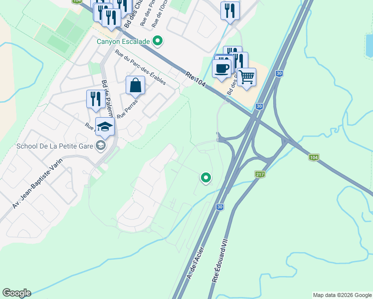 map of restaurants, bars, coffee shops, grocery stores, and more near 120 Avenue de la Belle-Dame in La Prairie