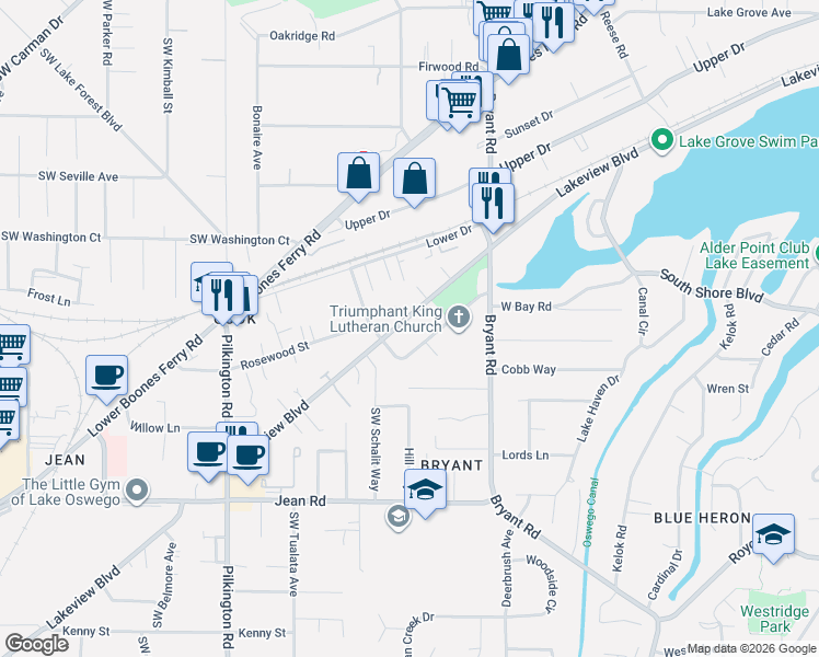 map of restaurants, bars, coffee shops, grocery stores, and more near 17185 Warren Court in Lake Oswego